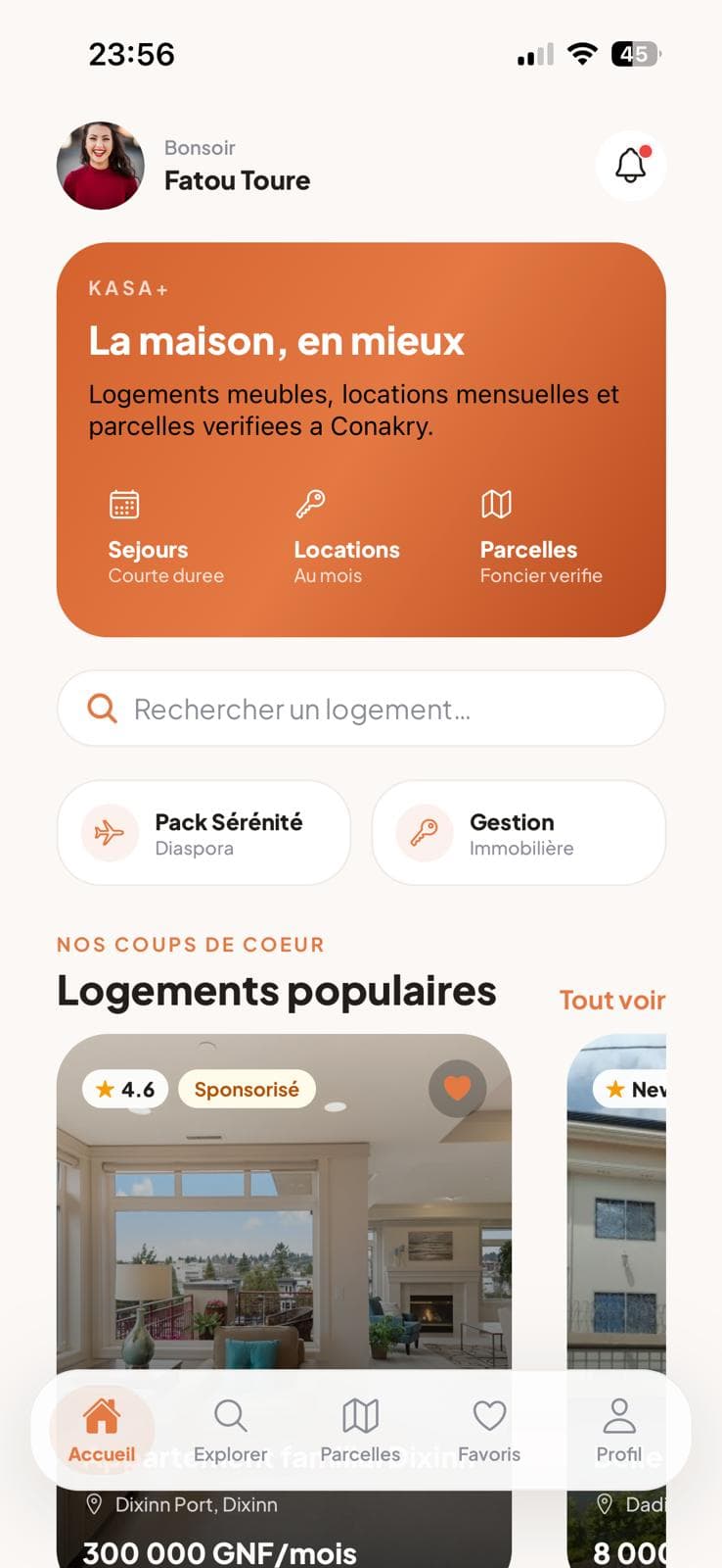 KASA+ app home screen with search and popular listings